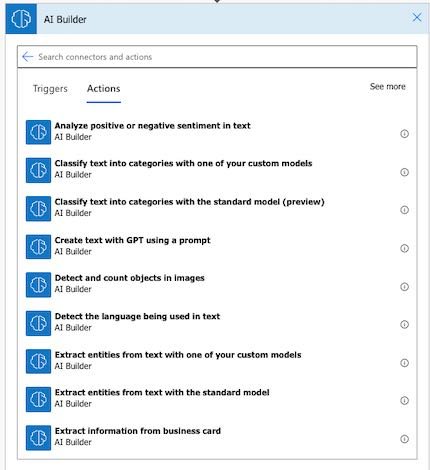 The actions available in AI Builder